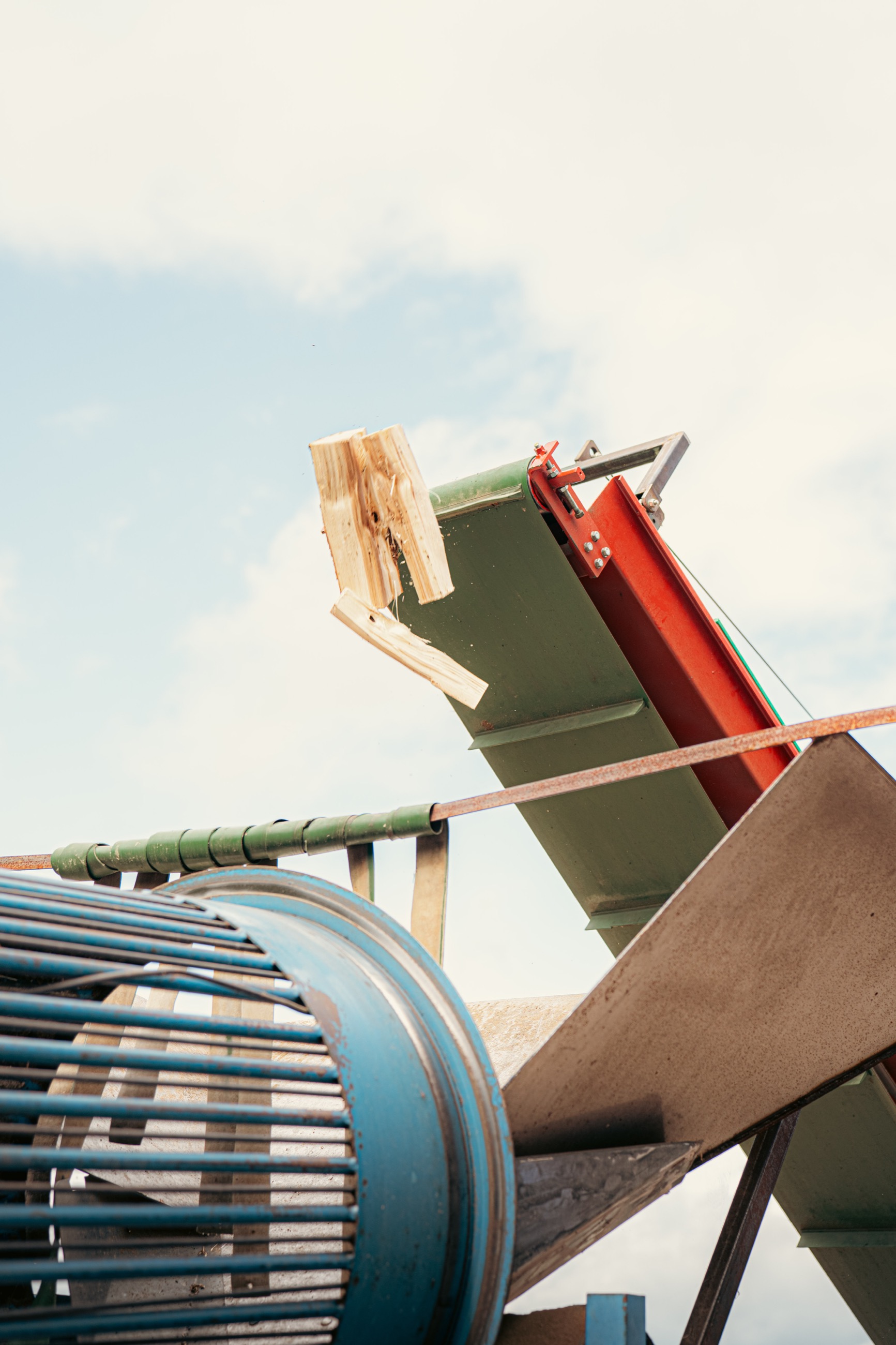 Holzscheite fallen vom Förderband in Sortieranlage